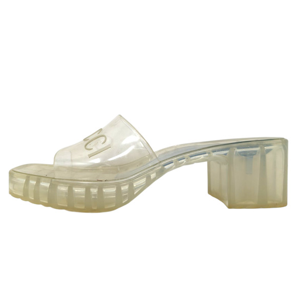 Gucci Clear Jelly Sandals Size 38 Block Heel Square Toe Logo Strap - Picture 4 of 10